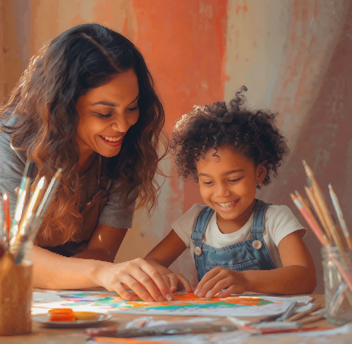 Enfant accompagné dans un atelier de peinture