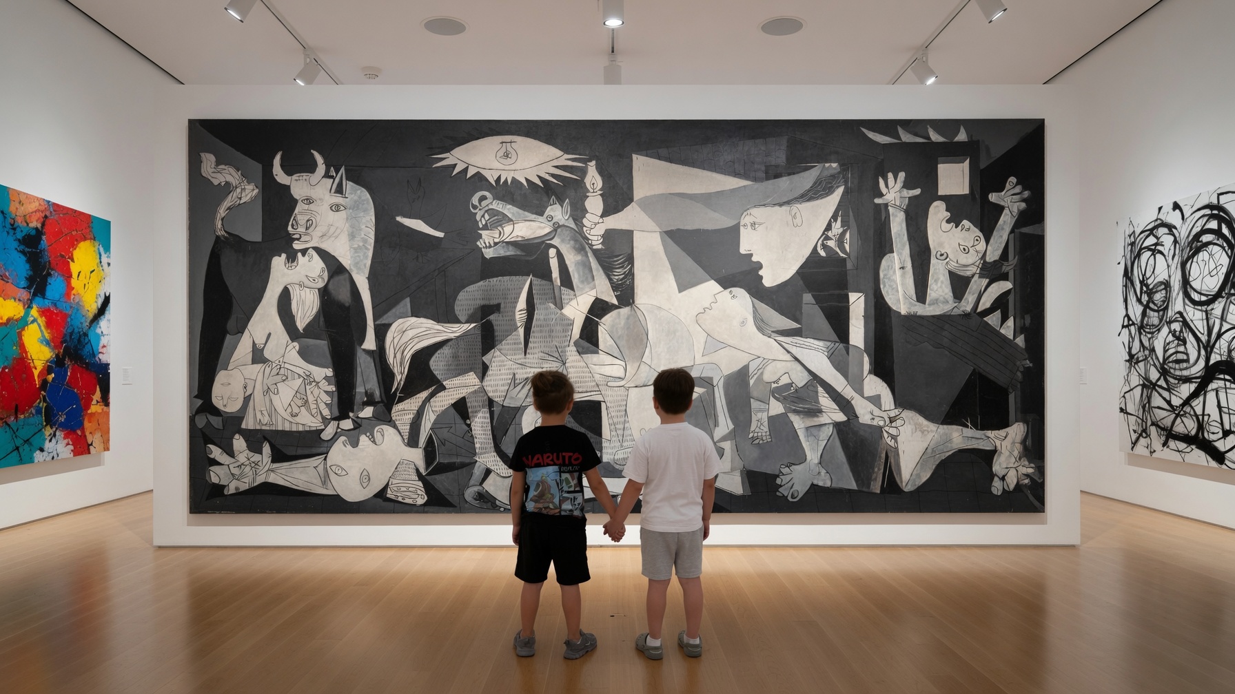 Deux enfants face à une œuvre de Picasso en galerie