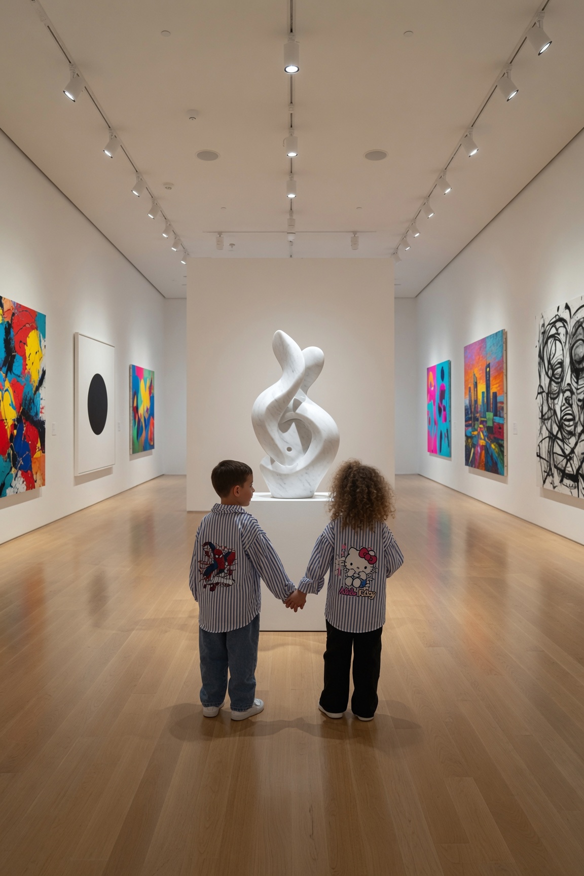 Deux enfants main dans la main face à une sculpture en galerie
