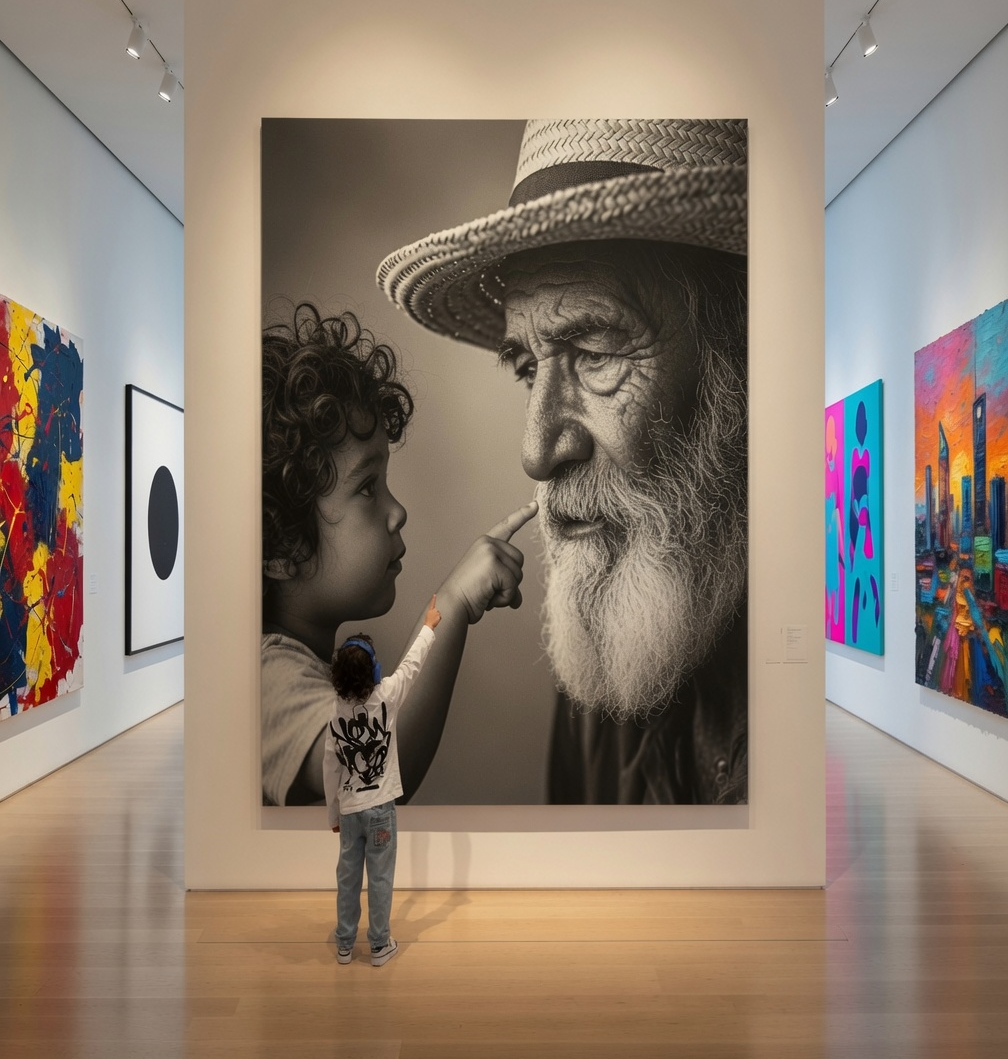 Enfant face à une œuvre monumentale en galerie