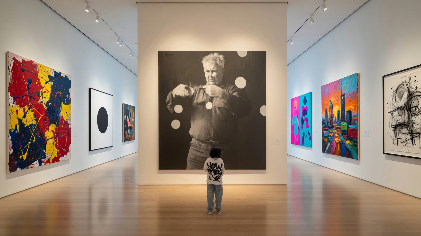 Jeune enfant découvrant un portrait d’Alexander Calder en exposition