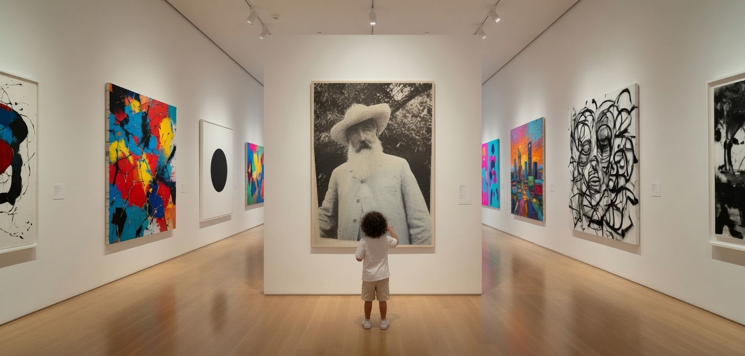 Jeune enfant face à un portrait de Claude Monet en exposition