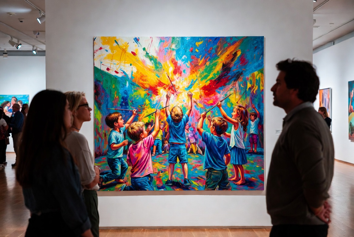 Plusieurs enfants peignant ensemble une toile