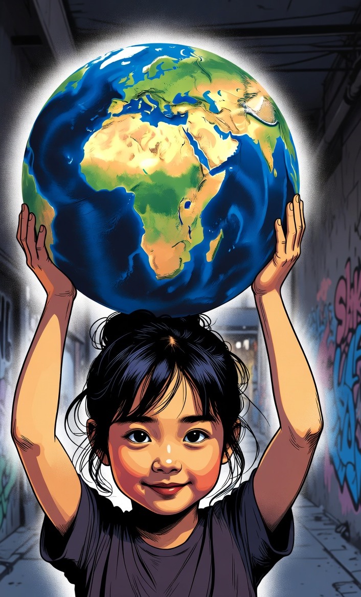 Jeune fille portant symboliquement le globe au-dessus d’elle