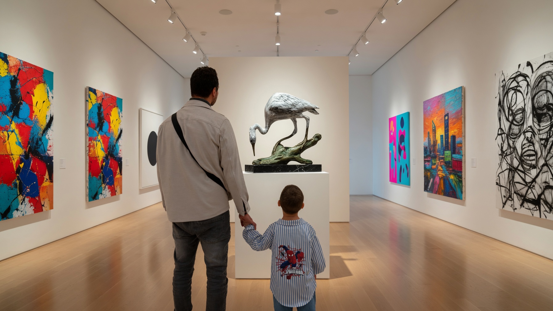 Un père et son fils découvrant une sculpture au musée